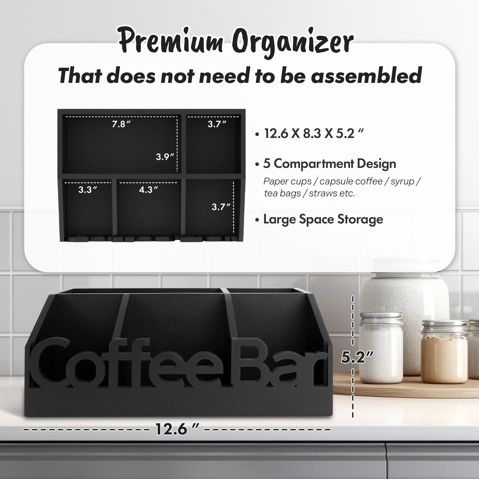 Coffee Bar Organizer Countertop, Wood Tea & Coffee Pod Station Caddy, Black