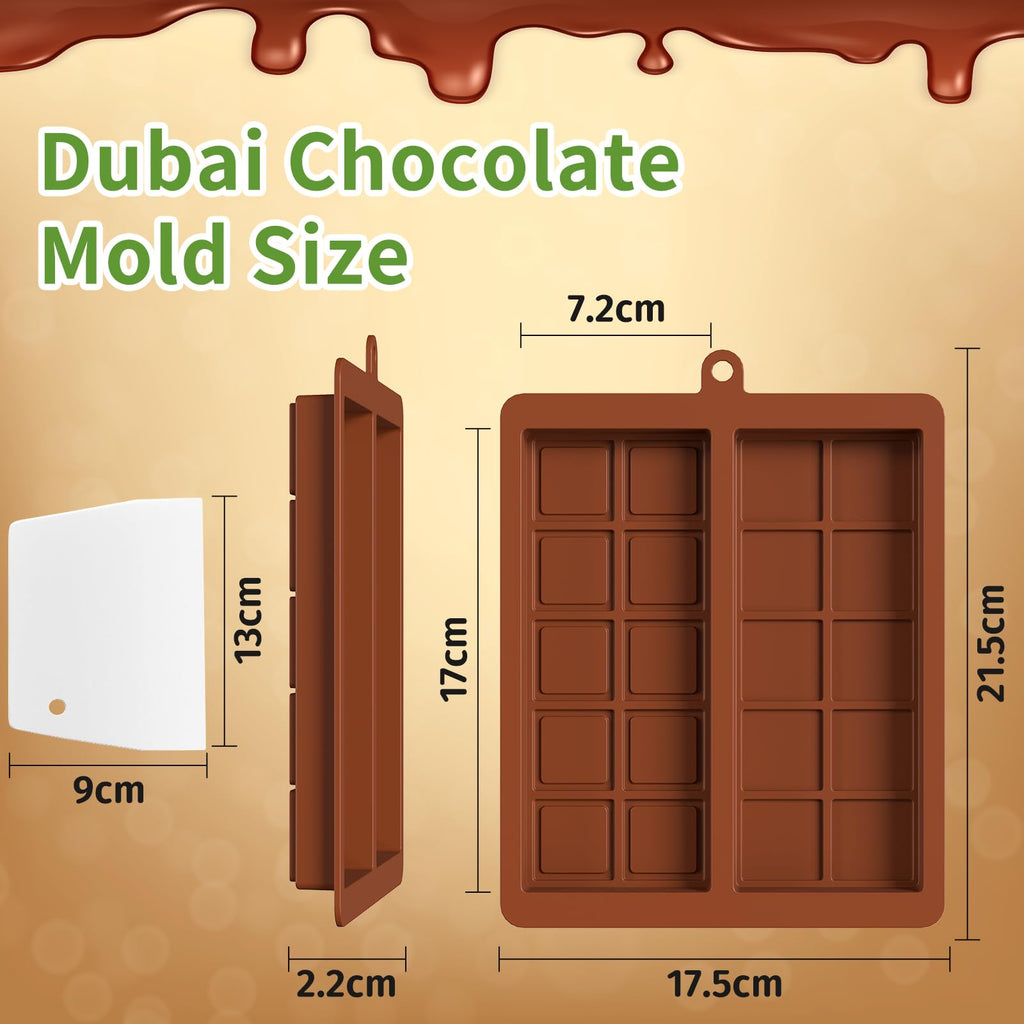 ROMINVIC Chocolate Bar Mold,2 Pack 2 in 1 Dubai Chocolate Molds and Scraper for Stuffed Bar,Deep Large and Thick Chocolate Candy Bar Mold for Filling Knafeh Pistachio Kit