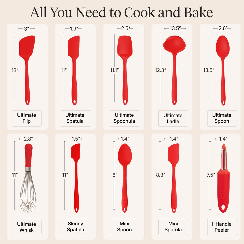 GIR: Get It Right 10-Piece Silicone Ultimate Kitchen Utensil Set – Spatulas, Ladle, Flip, Spoons, Whisk, Peeler & Spoonula – Nonstick, Non-Toxic, Heat-Resistant – Red