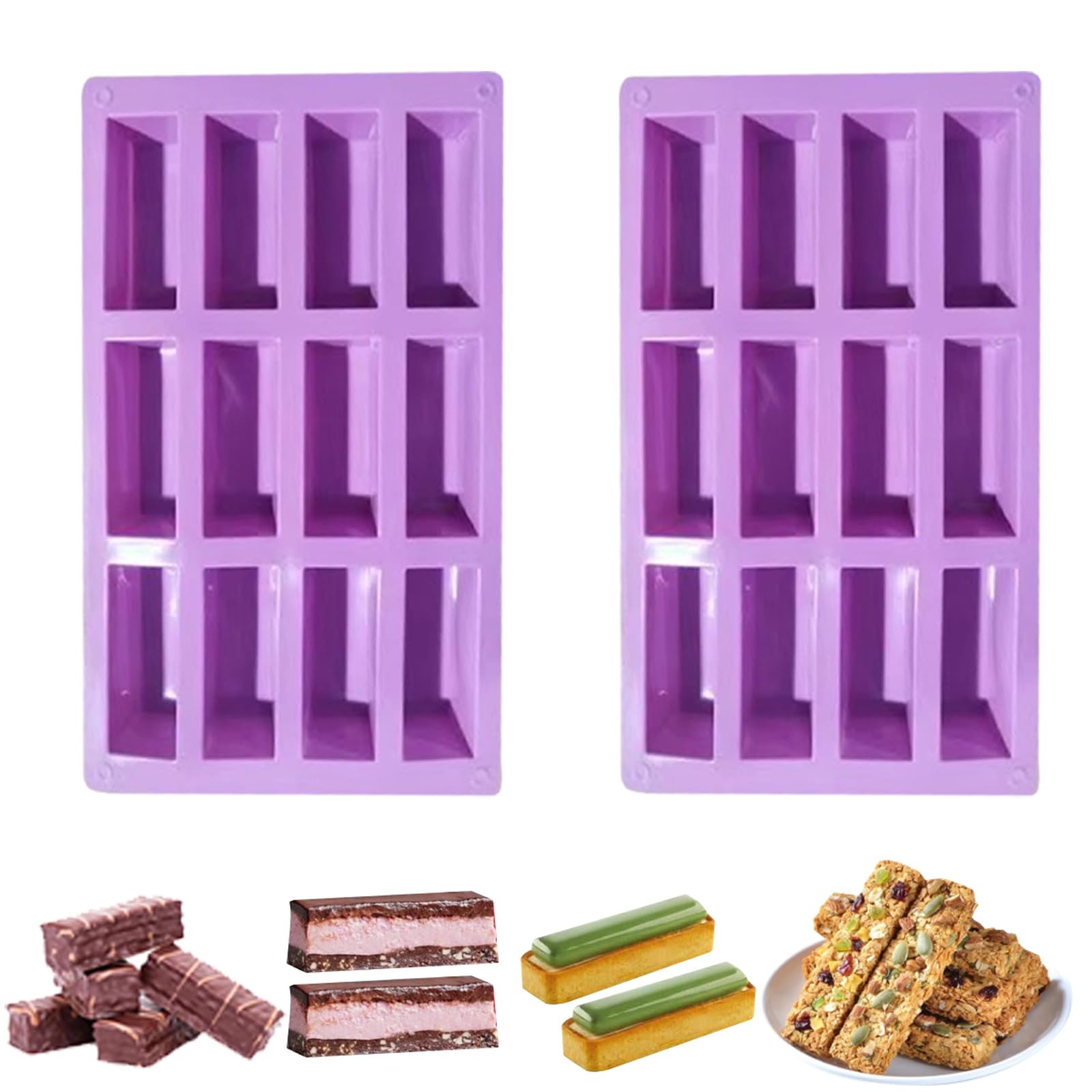 HLCM 2Pcs oat bar mold - 12rectangle silicone molds - Chocolate silicone mold for baking candies/energy bars, cheesecake, dried fruit cereal cookies (2, purple)