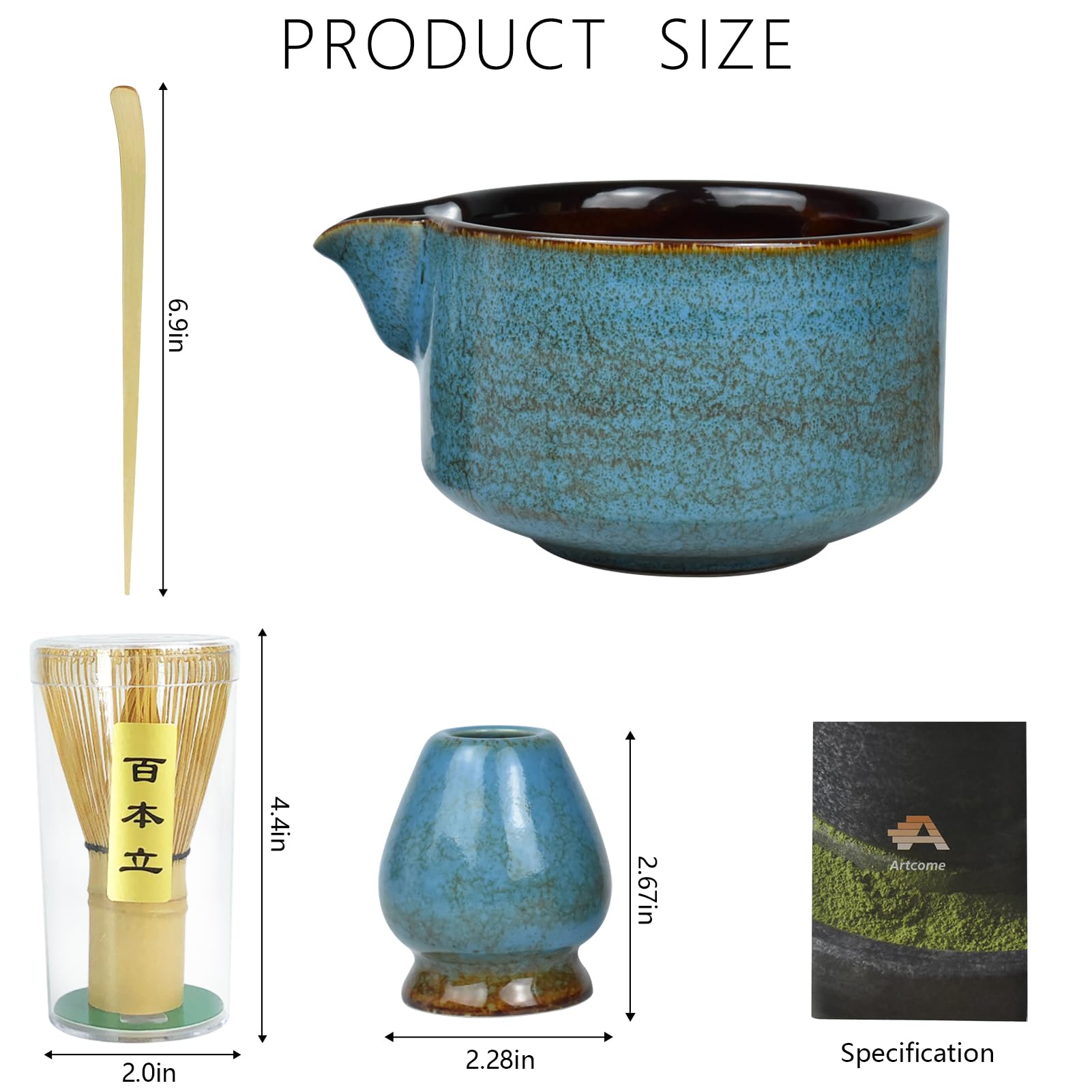 Artcome 4 Pcs Complete Matcha Tea Ceremony Kit for Japanese Tea Ceremony, Bowl with Pouring Spout, Whisk, Whisk Holder, Tea Scoop, Matcha Tea Set For Making Usucha, Koicha and Matcha Latte (Sapphire)