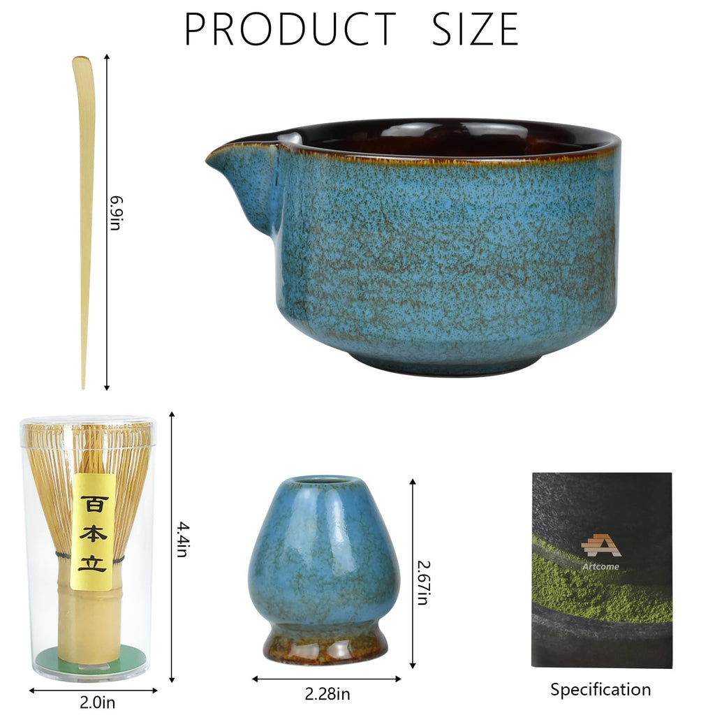 Artcome 4 Pcs Complete Matcha Tea Ceremony Kit for Japanese Tea Ceremony, Bowl with Pouring Spout, Whisk, Whisk Holder, Tea Scoop, Matcha Tea Set For Making Usucha, Koicha and Matcha Latte (Sapphire)