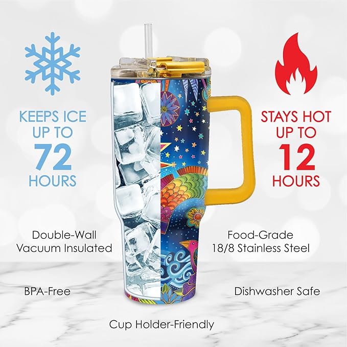 RainCaper 18/8 Stainless Steel Insulated Water Tumbler with Straw | 30oz, BPA-Free, Double Wall for Hot & Cold | Travel-Friendly, Cup Holder Ready (Laurel Burch Celestial Magic)