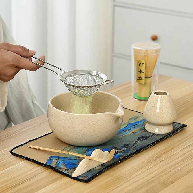 Matcha Set, 7 Pieces, Matcha Bowl with Spout, Whisk, Holder, Bamboo Scoop, Stainless Steel Sifter