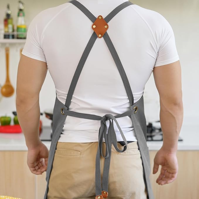 Canvas Aprons for Men Chef Apron, Work Apron with Large Pockets - 16oz Heavy Duty Cross Back, BBQ, Cooking