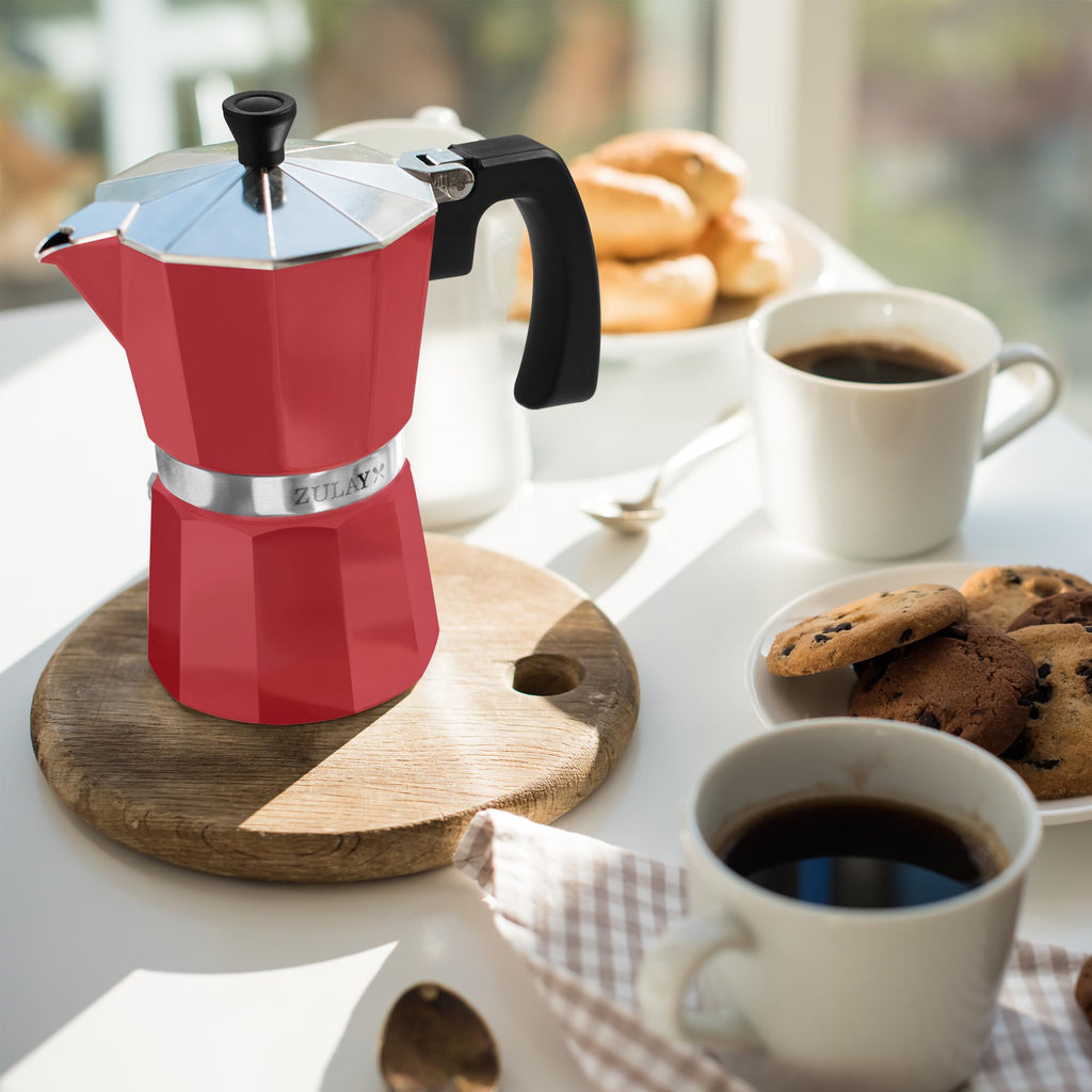 Zulay Moka Pot Espresso Stovetop Coffee Maker - Leak-Proof, Stainless Steel, Easy to Clean, Heat Resistant Handle & Knob - for Authentic Cuban & Italian Style Espresso - Makes 6 Espresso Cups - Red