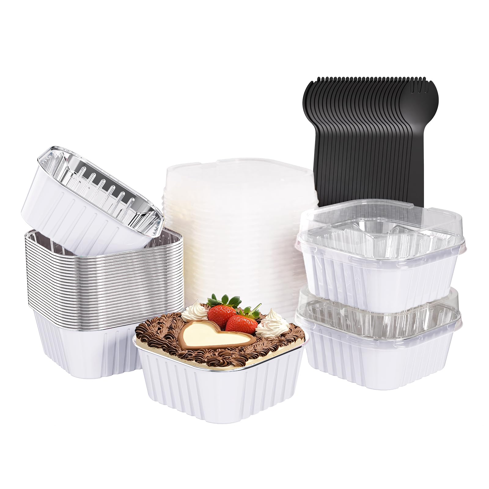 Ksmxos 25 Pack Square Mini Cake Pans with Lids,Mini Loaf Pans with Lids,Aluminum Foil Baking Cups,Disposable Ramekins Cupcake Cups,Dessert Cups for Wedding Birthday Party Picnics,5oz (White)