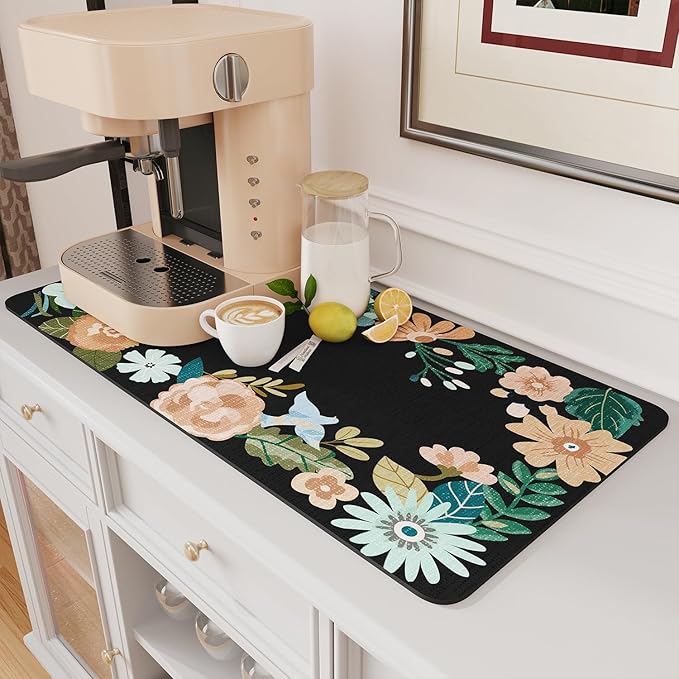 AMOAMI Coffee Mat - Hide Stain Rubber Backed Absorbent Dish Drying Mat for Kitchen Counter - Fits Under Coffee Maker - Khaki 12X19