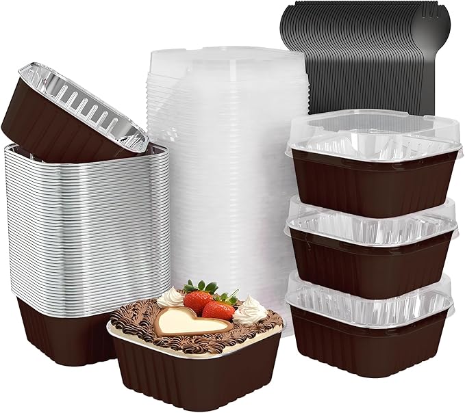 50 Pack Square Mini Cake Pans with Lids,Mini Loaf Pans with Lids,Aluminum Foil Baking Cups,Disposable Ramekins Cupcake Cups,Dessert Cups for Wedding Birthday Party Picnics,5oz (Coffee)