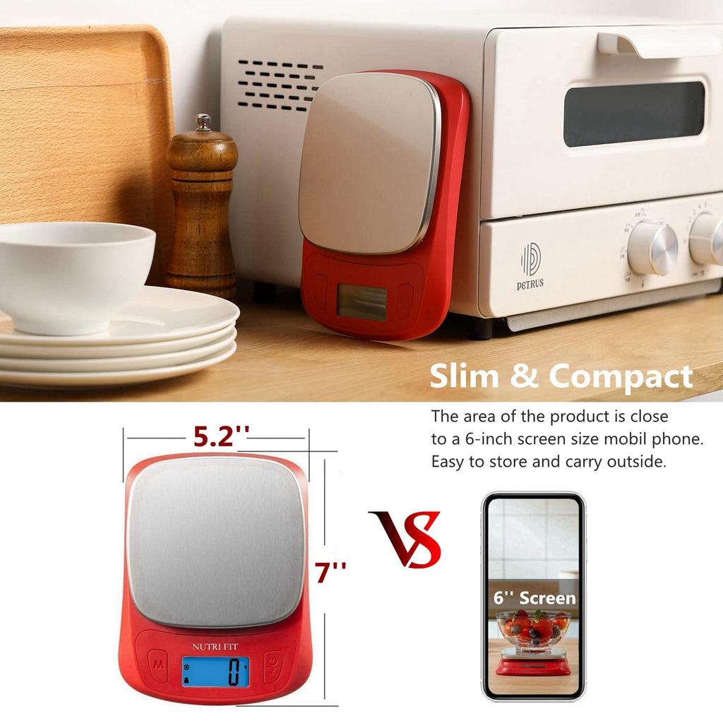 NUTRI FIT Ultra Slim Food Scale Digital Kitchen Scales Weight Grams Oz Red