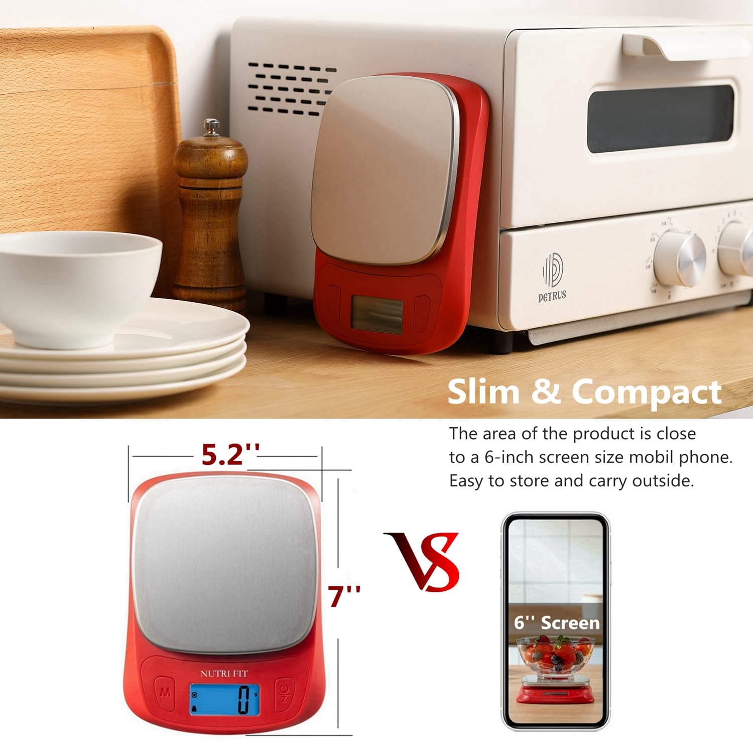 NUTRI FIT Ultra Slim Food Scale Digital Kitchen Scales Weight Grams Oz Red
