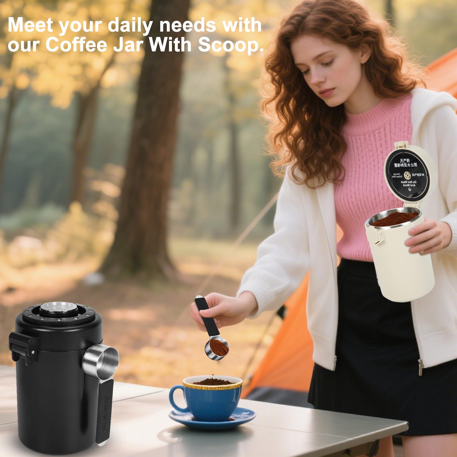 ZENTORIQ Coffee Canister, Airtight Stainless Steel Kitchen Food Storage Container With Spoon And Date Tracker, For Ground Coffee, Cereal, Bean, Tea,Sugar (black)