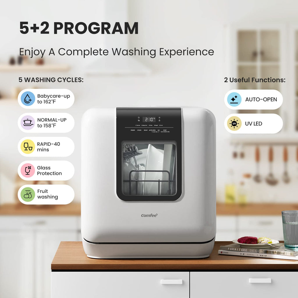 COMFEE' Countertop Dishwasher, Portable Dishwasher with 6L Built-in Water Tank, Mini Dishwasher with More Space Inside, 7 Programs, UV Hygiene& Auto Door Open, for Apartments, Dorms& RVs, White