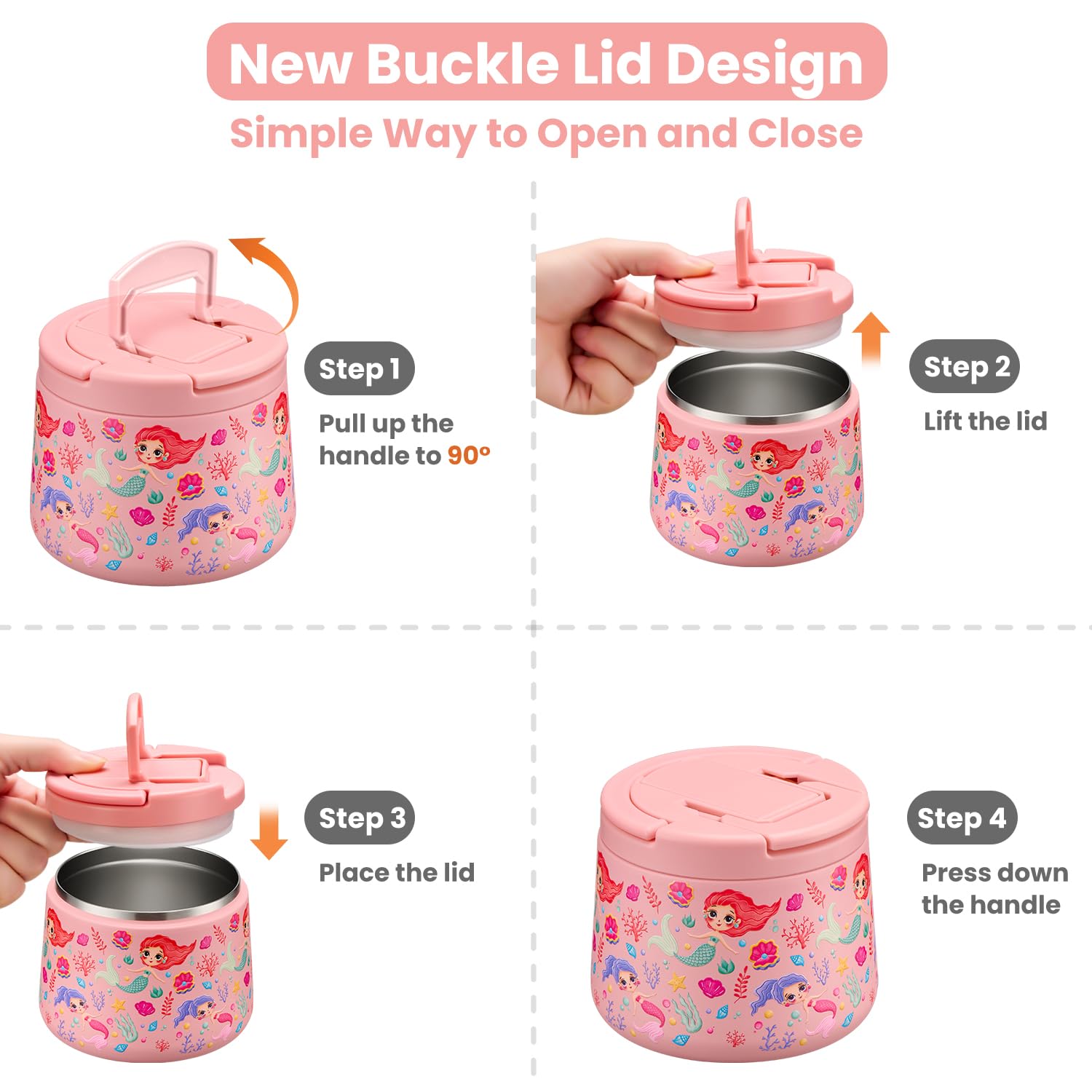 14oz Insulated Vacuum Food Jar with Buckle Lid,Soup Thermo for Hot Food Kids,Wide Mouth Leakproof Stainless Steel Lunch Container with Spoon-Mermaid