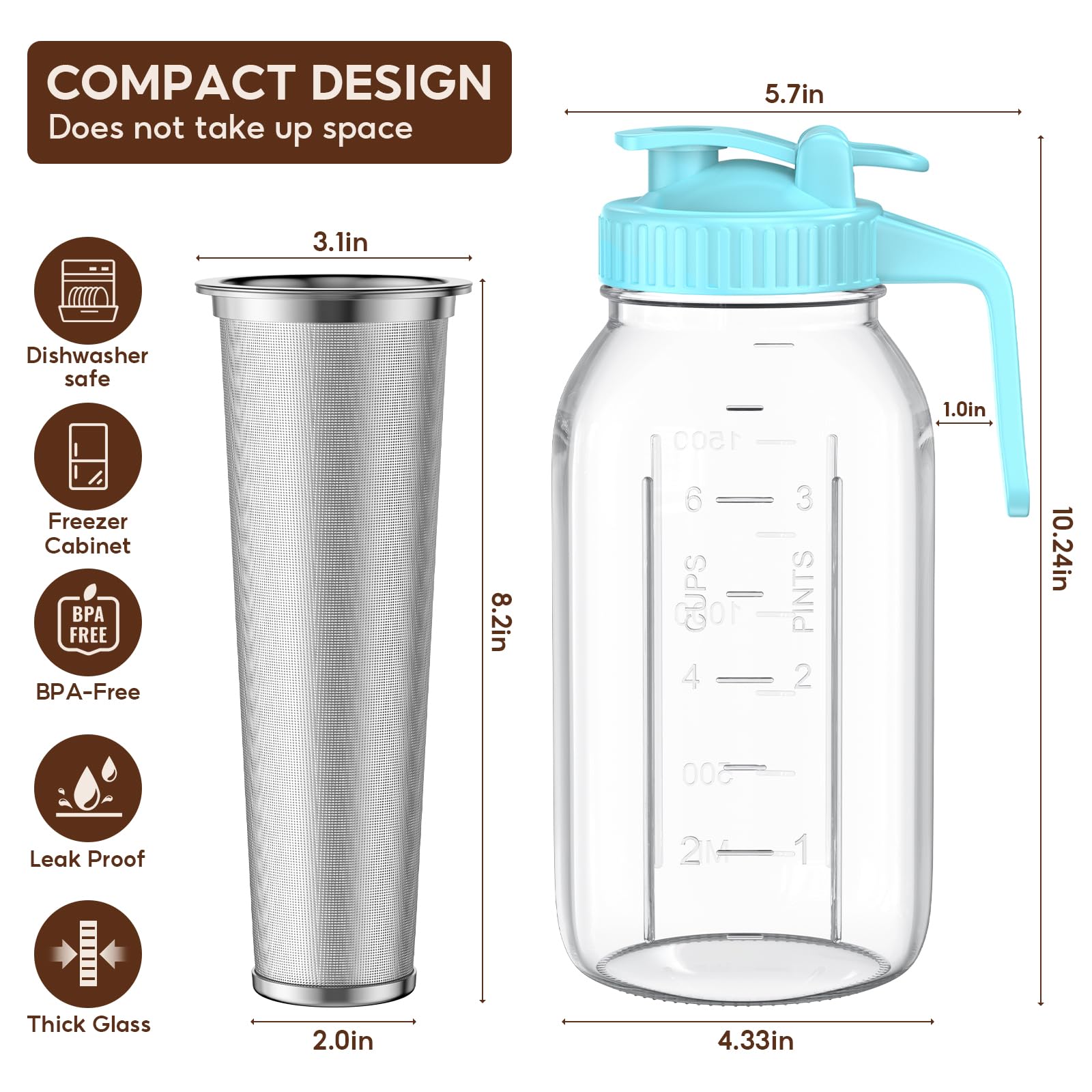 2 Pack 64 oz Cold Brew Coffee Maker Jar - Thick Glass Cold Brew Maker with Handle, Stainless Steel Filter & Leak-Proof Lid, Cold Brew Pitcher for Iced Coffee,Tea and Milk (2 Quart / 1.9 Liter)