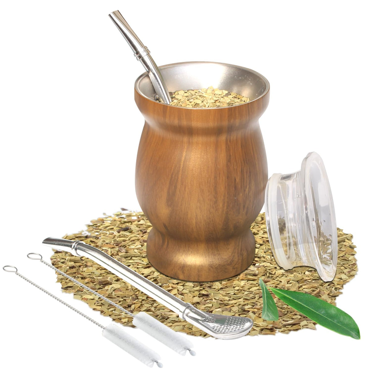 Beruth Bombilla Yerba Mate Gourd, 8oz Stainless Steel Tea Cup Set with a Multifunctional Lid, Two Straws and Cleaning Brushes, Double Walled Coffee Mug Heat Insulation Anti Scalding BR2301 (Brown)