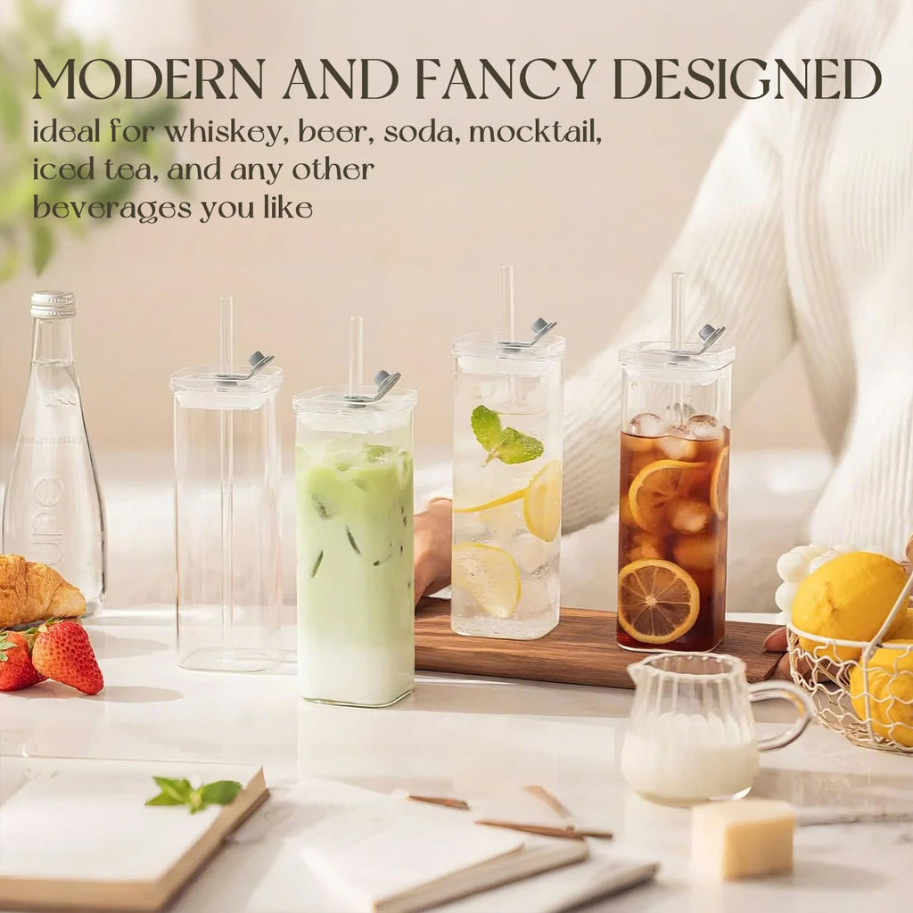 KEMORELA 12 Sets Square Drinking Glass Cups with Lids & Straws, 17 Oz Clear Highball Glasses for Cocktail, Iced Coffee, Juice, Beer - Modern Glass Tumblers
