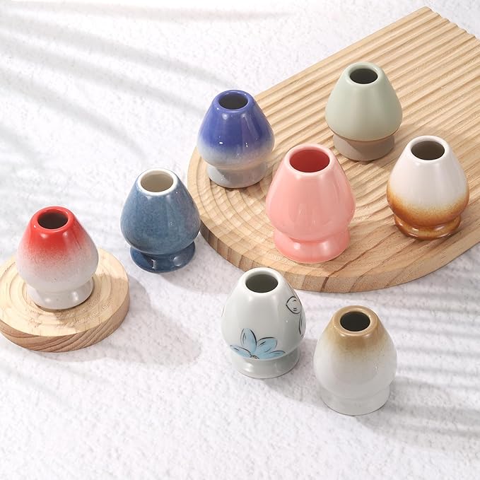 HARFINGTON Ceramic Chasen Stand 70mm Matcha Whisk Holder Teas Set Whisks Stand Traditional Matcha Tea Chasen Holder Tea Set Accessories for Tea Tasting, White/Brown