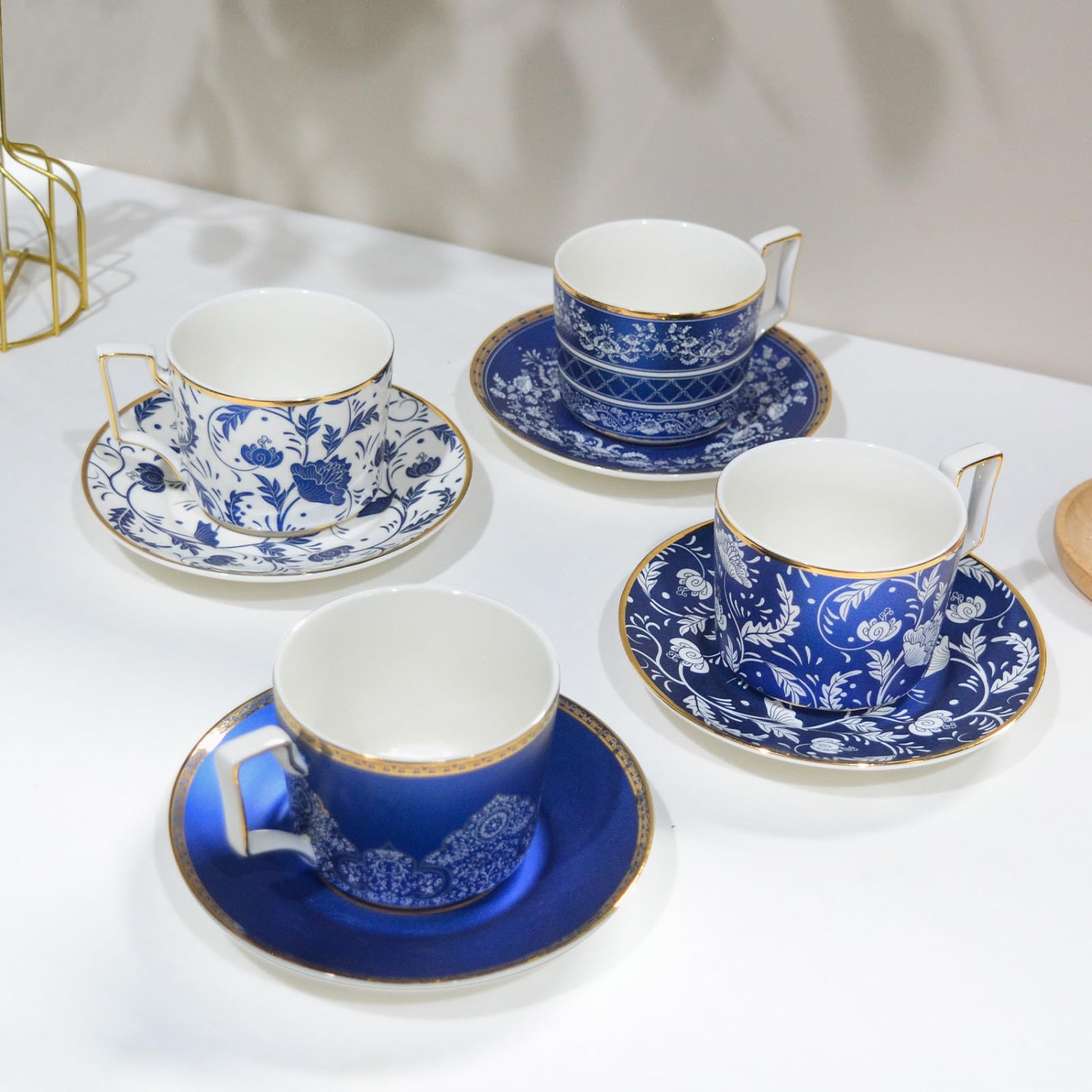 ACMLIFE Bone China Tea Cups and Saucers Set of 4, 6.8 oz Blue and White Tea Cups Set of 4, with Gold Trim and Gift Box (Blue-4)