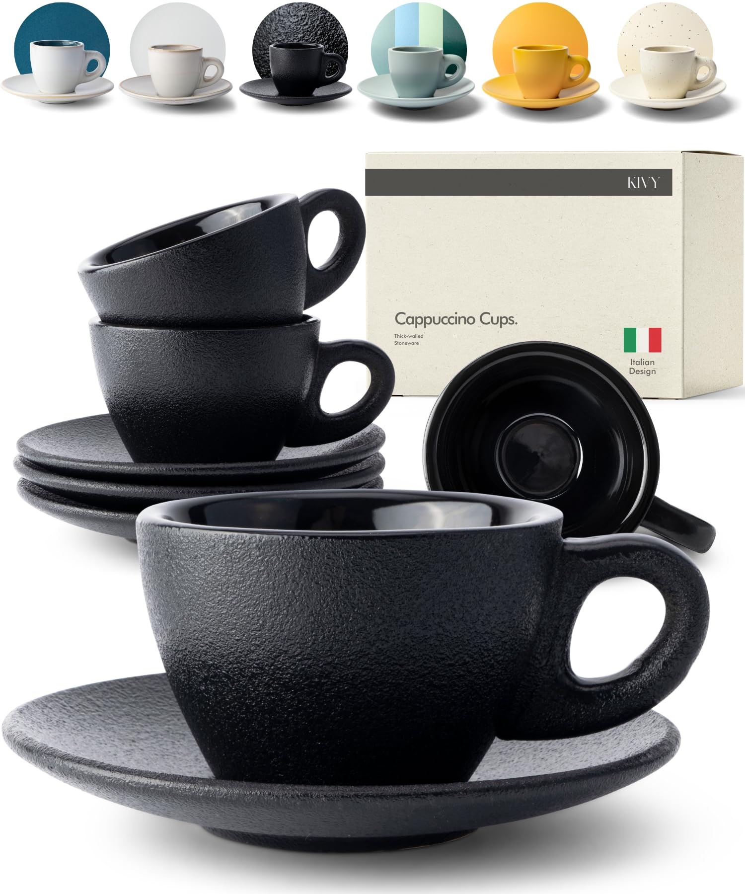 KIVY Cappuccino cups set [4x 8oz] - Thick-walled stoneware cappuccino cup set for latte art - Cappuccino coffee cups - Tazas de cafe - Latte cups - Ceramic latte art cup and saucer set of 4