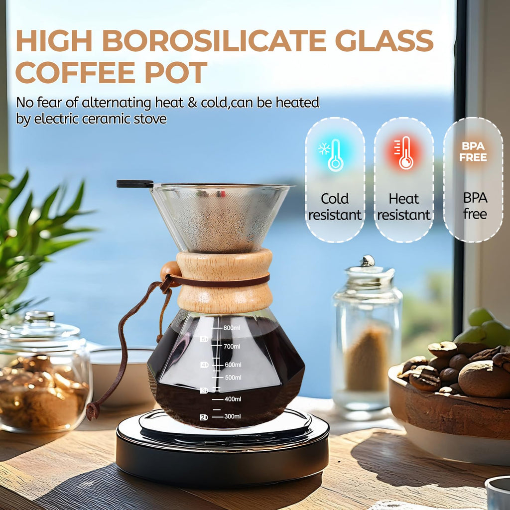 Mogrecha Pour Over Coffee Maker 800ml with 304 Stainless Steel Filter Wooden Collar Holder Borosilicate Glass Drip Coffeemaker Server Set Clear Hand Brew Dripper Carafe for Home Camping Travel 27oz