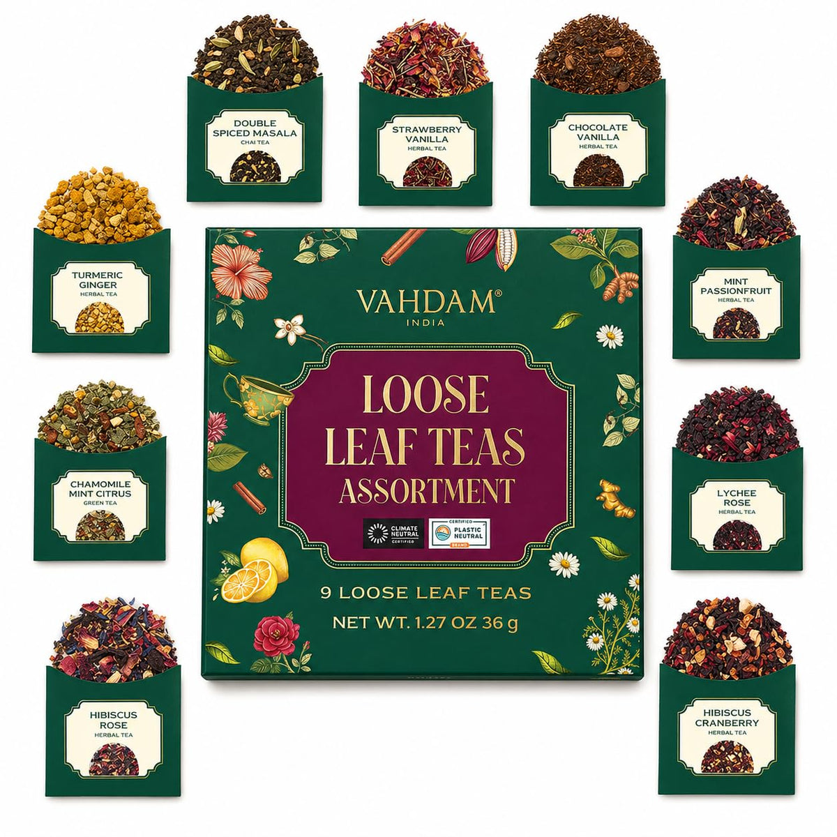 VAHDAM, Assorted Herbal Tea Sampler (18 Tea Bags, 9 Flavors) Caffeine-Free, Non-GMO | Delightful Natural Flavours, Individually Wrapped Tea Bags | Herbal Tea Assortment