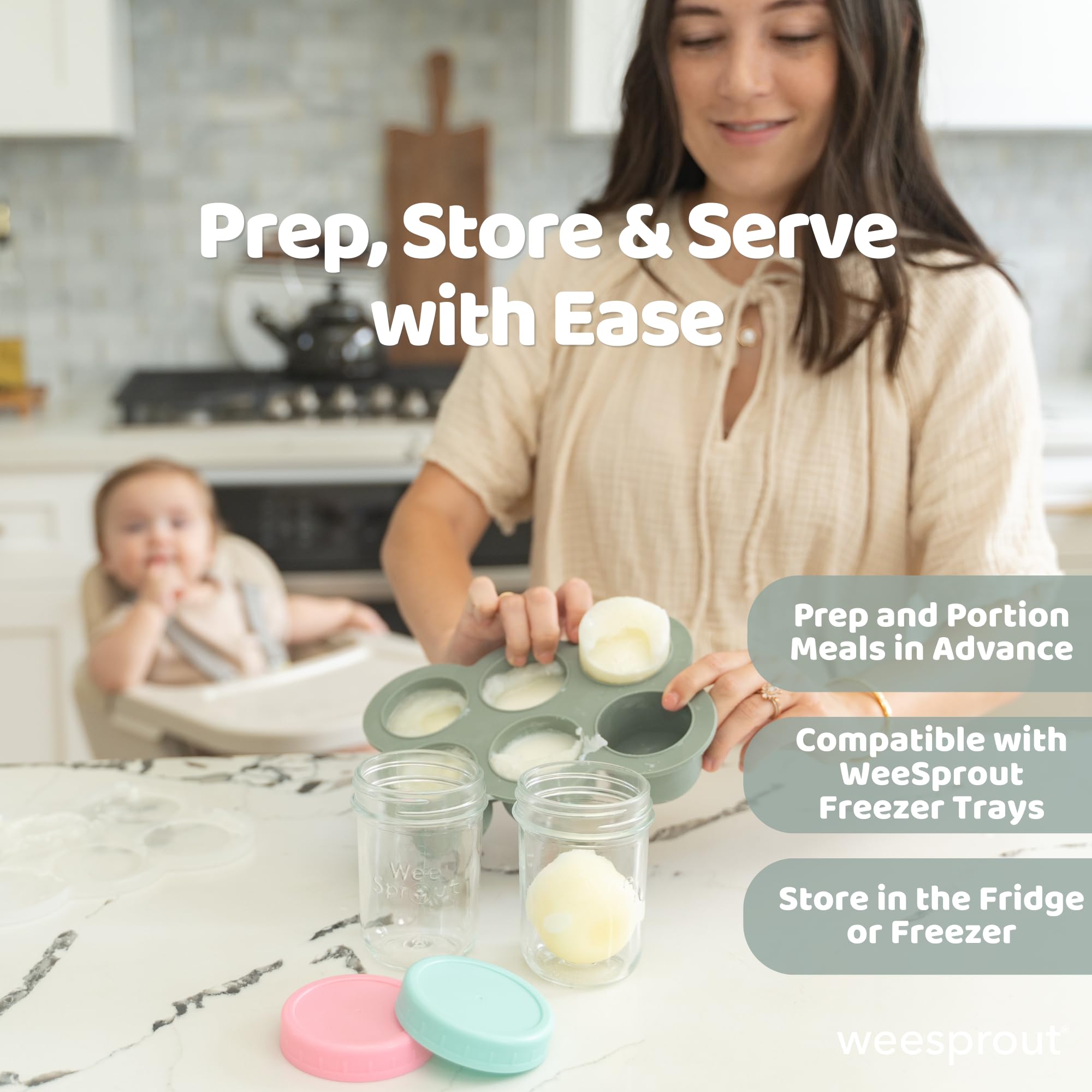 WeeSprout Glass Baby Food Storage Jars w/Lids (4 oz, 6 Pack Set) Snack, Puree, Reusable Small Containers, Breast Milk, Fridge or Freezer, Microwave & Dishwasher Safe, Essential Must Have for Infants