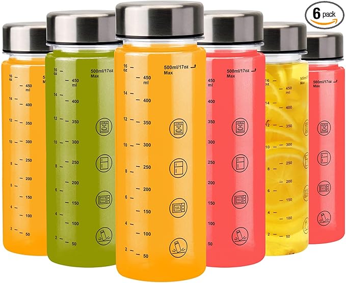 6 Pack Juice Bottles with Caps - Wide Mouth Resuable Clear Plastic Water Bottles for Juicing,Smoothie,Protein, Beverage,Storage Containers,BPA Free,Leakproof Stainless Steel Lid(16 Ounces)