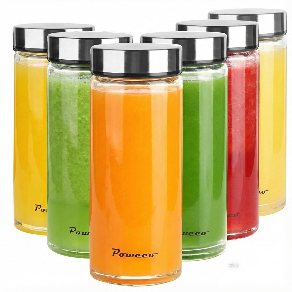 poweco Glass Juice Bottles 6 Pack 16 oz - Wide Mouth Glass Water Bottles with Lids - for Juicing, Protein, Smoothie, Milk, Reusable, BPA Free, Stainless Steel Lids, Blender, Shaker Bottle (500ml)