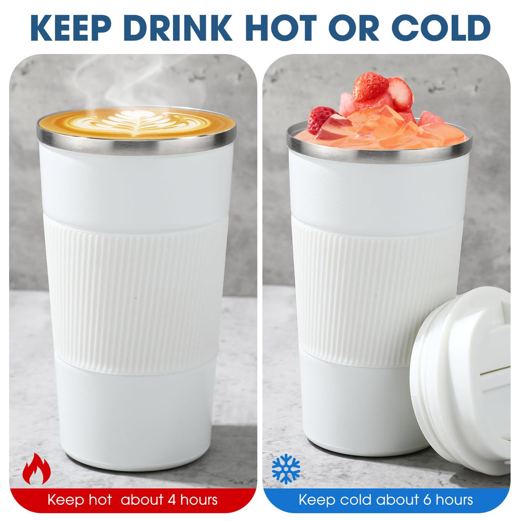 Sabary 4 Pack 16 oz Bulk Travel Coffee Mug with Lid Reusable Vacuum Insulated Coffee Tumbler Double Wall Thermal Stainless Steel Camping Tea Cup for Christmas Winter Drinks Employee Gift(White)