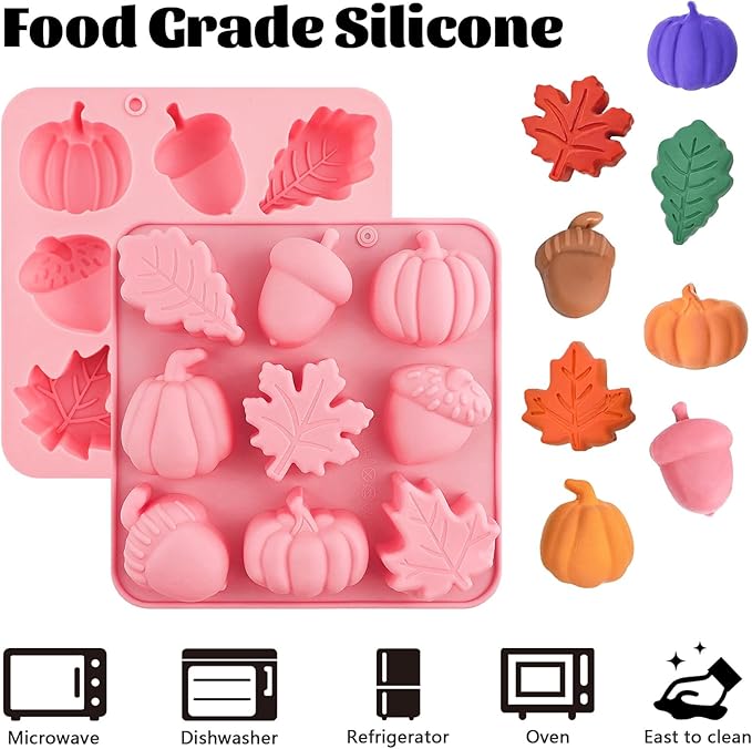Thanksgiving Fall Silicone Molds Halloween Pumpkin Candy Mold Maple Leaf Fondant Molds Autumn Leaves Chocolate Cake Pan Baking Tray Mold for Thanksgiving Halloween Cake Cupcake Decorations