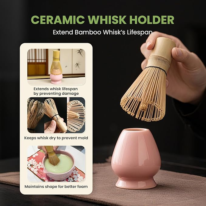 Matcha Whisk Set, Ceramic Matcha Set Includes Matcha Bowl, Whisk & Holder, Scoop, Sifter, Spoon, Scoop Rest, Tea Mat, Hand Book - 9 Pcs Kit for Matcha Lovers (Pink)