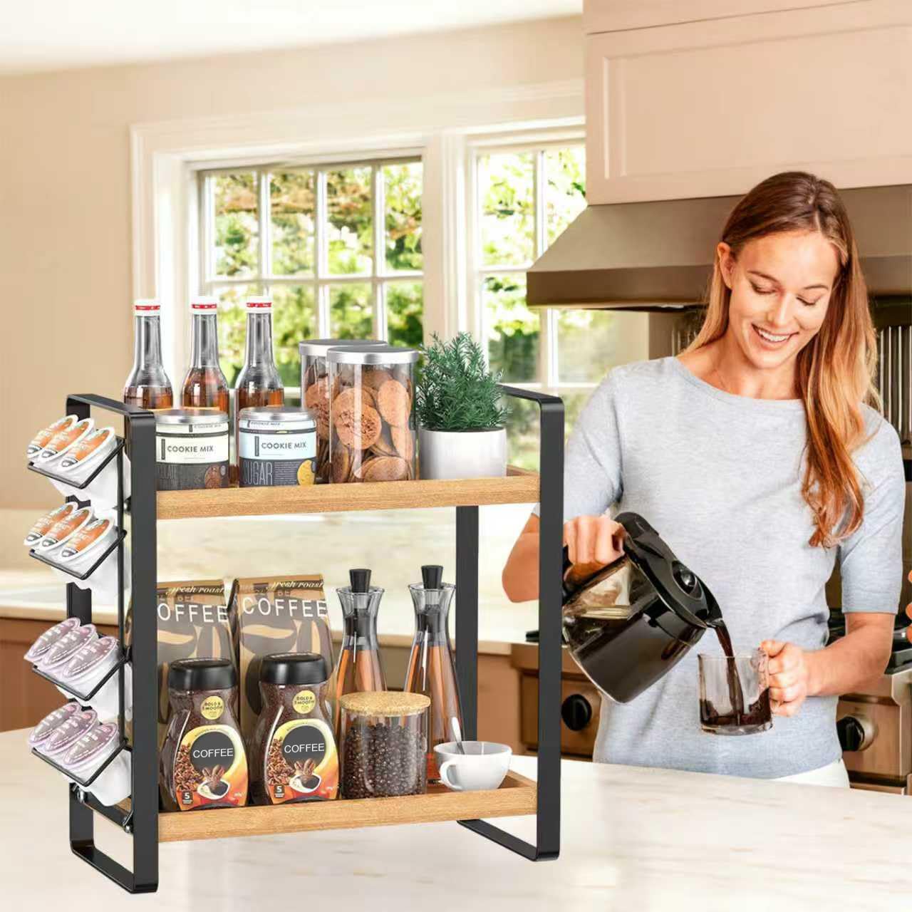 LEMIKKLE Coffee Station Organizer for Counter,Condiment Storage Caddy for Kitchen,2 Tier Wooden Shelf for Coffee Bar Accessories,Coffee Bar Organizer for Kitchen, Home, Office-Brown