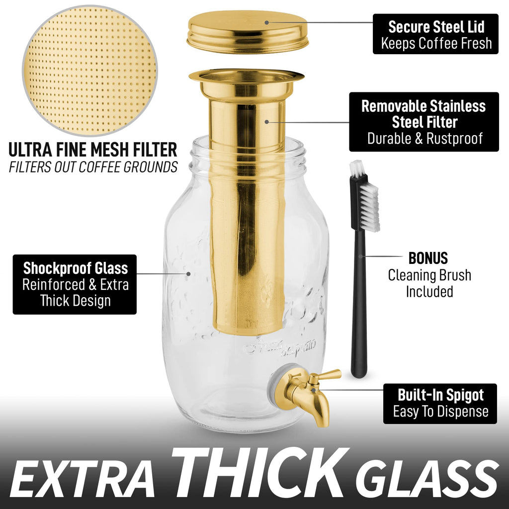 Zulay Kitchen 1.5 Liter Cold Brew Coffee Maker with EXTRA-THICK Glass Carafe & Stainless Steel Mesh Filter - Premium Iced Coffee Maker, Cold Brew Pitcher & Tea Infuser (Gold)…