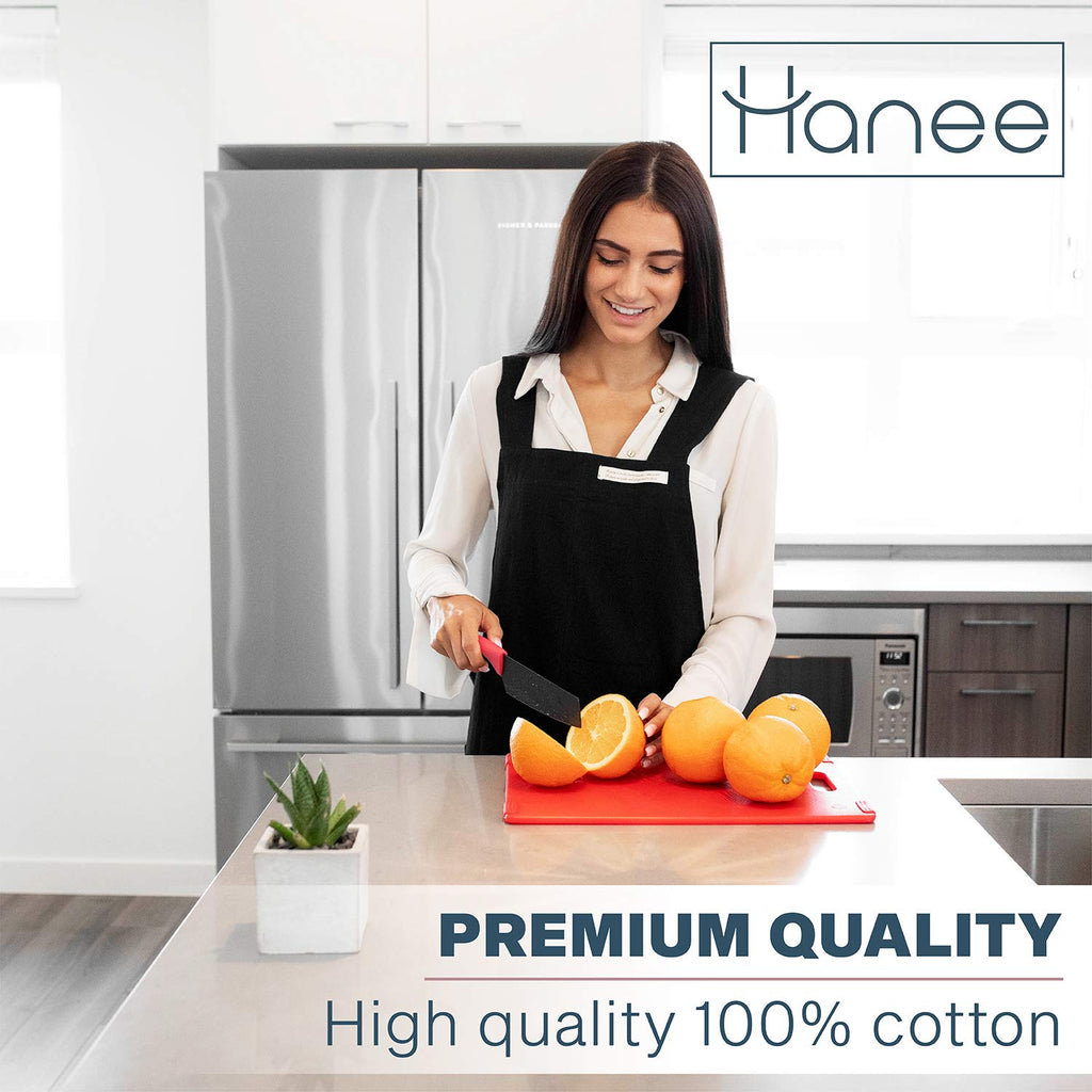 HANEE Cotton Aprons for Women and Men | Cross-Back Apron with Pockets (Black)