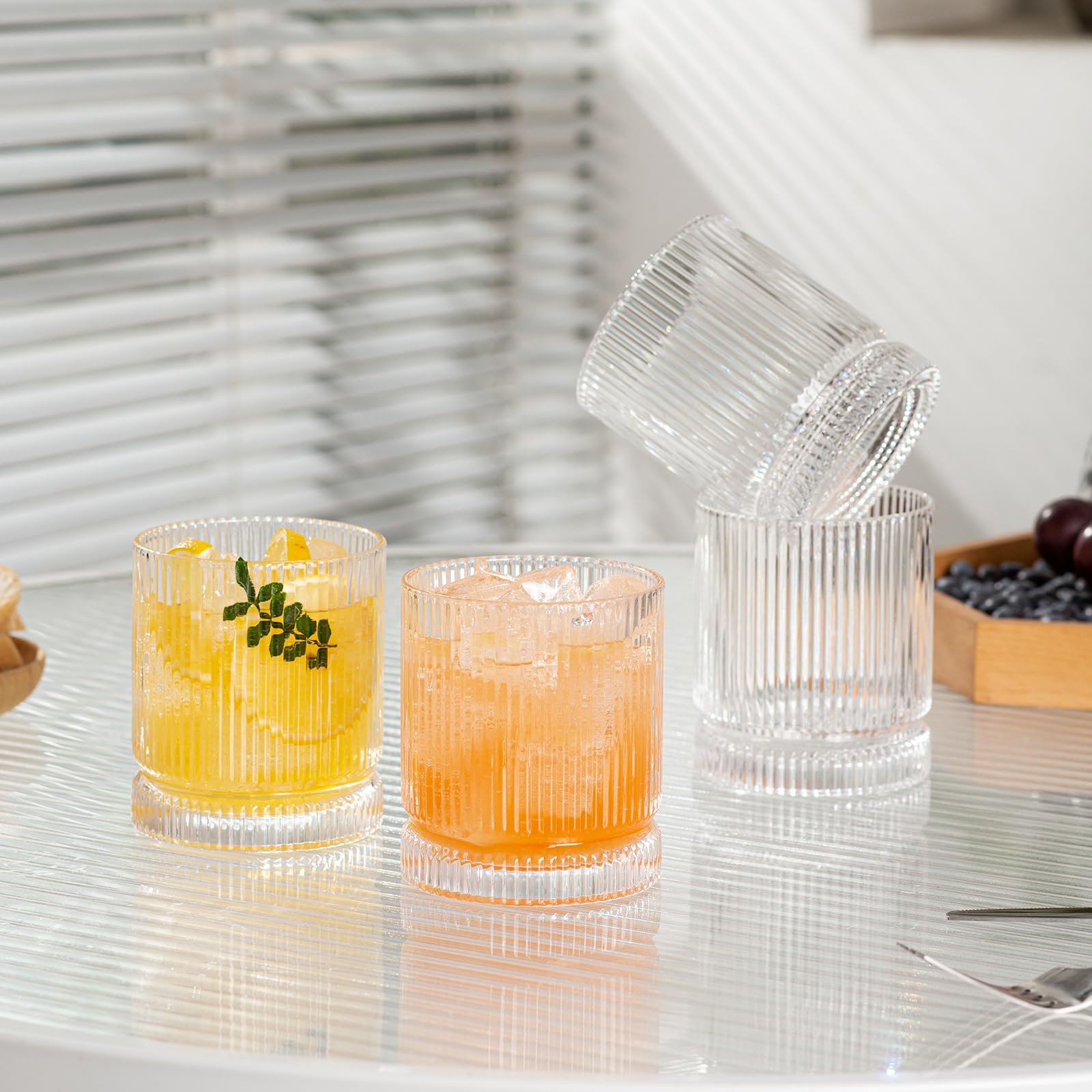 POLIDREAM Ribbed Glass Cups Set, 390ml Vintage Drinking Glassware Set of 4, Cocktail Glasses, Low Ball Ribbed Glassware, Mixed Glassware Set, Premium Whiskey Glasses, Ideal for House of Glass
