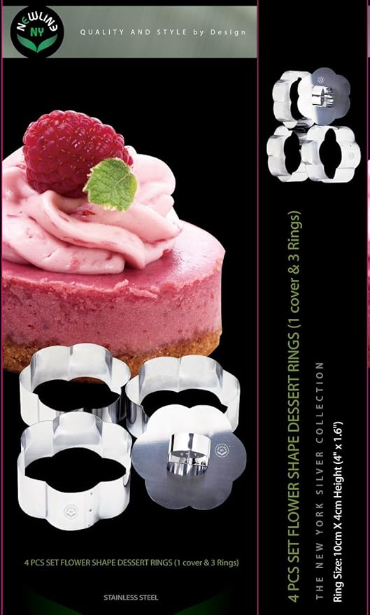 NEWLINE NY Stainless Steel Dessert Rings (4 Pcs) Flower Shape Molded Appetizers Salads Pastries Mousse Molding Layering Cutter