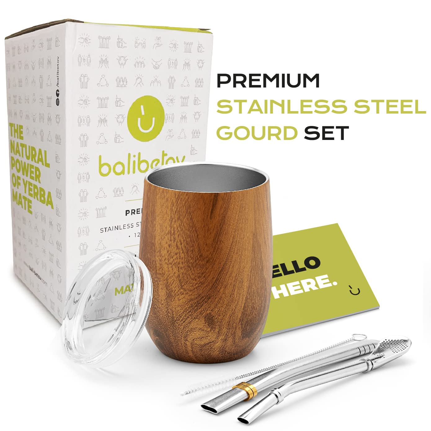 BALIBETOV Premium Stainless Steel Yerba Mate Gourd Set, 5 Pcs Including 12 oz Gourd with Lid, 2 Bombillas, Cleaning Brush | BPA Free, Insulated