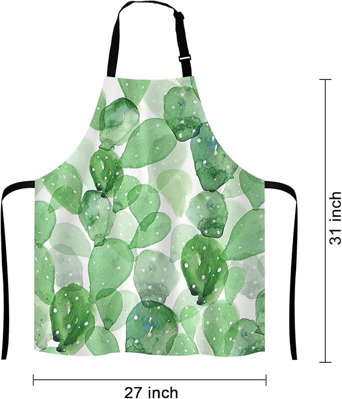 Cute Watercolor Cactus Adjustable Bib Apron, Succulent Olive Green Botanical Cooking Kitchen Apron for Men Women