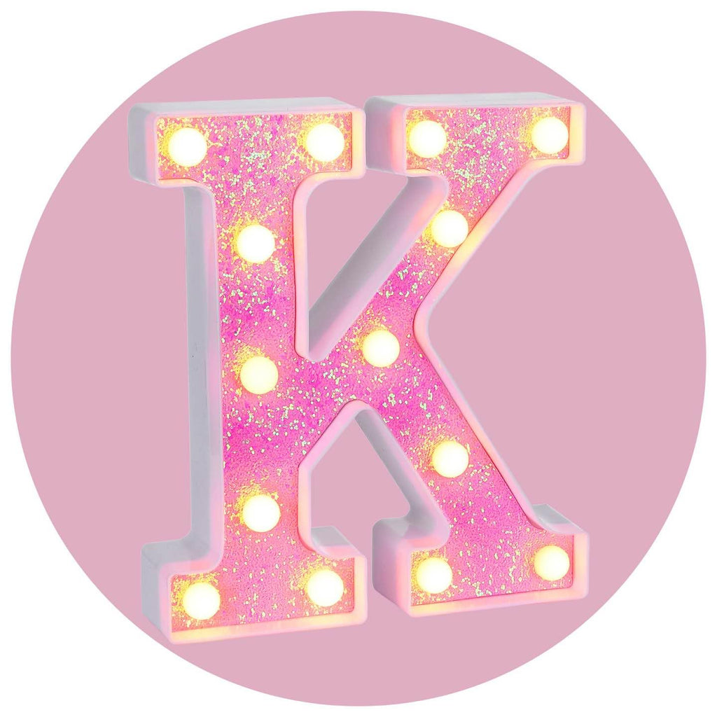 Foaky LED Letter Lights Sign Light Up Pink Letters Glitter Alphabet Letter Sign for Night Light Wedding/Birthday Party Battery Powered Christmas Lamp Girls Gifts Home Bar Decoration（K）