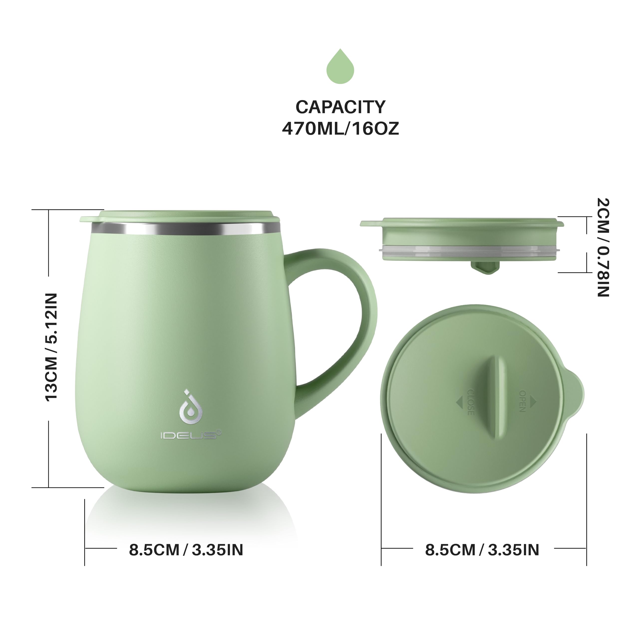 Ideus 16 oz Insulated Coffee Mug with Handle and Lid, Double Wall Stainless Steel Vacuum Thermal Coffee Mug, Travel Coffee Cup Thermal Cup for Home and Office, Avocado Green