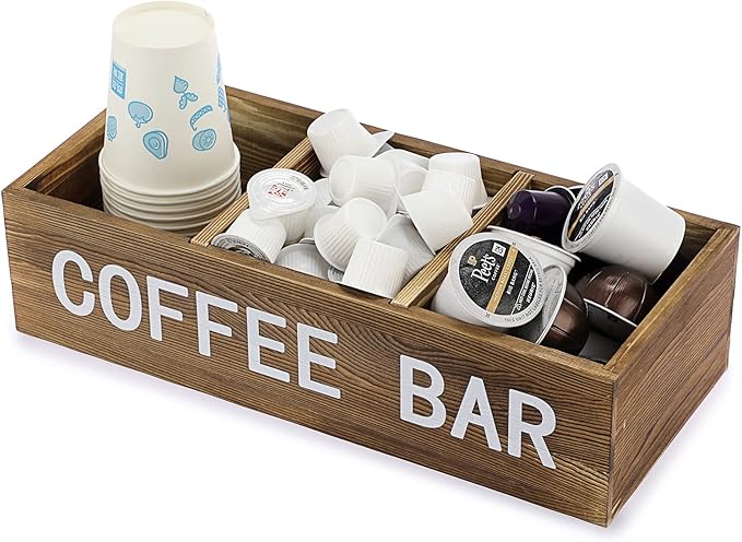 ELLDOO Coffee Pod Holder Storage, Coffee Bar Wooden Storage Box with Removable Grids, Coffee Station Organizer for K Cup, Rustic Coffee Accessories for Counter Home Decor, Vintage Wood
