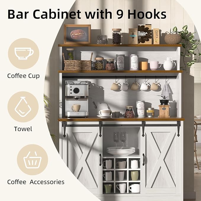Farmhouse Coffee Bar Cabinet with 3 Tier Storage Hutch, 47'' Coffee Bar Station with Sliding Barn Door, Hutch Storage Cabinet with 9 Wine Racks & 9 Hooks for Kitchen Dining Living Room