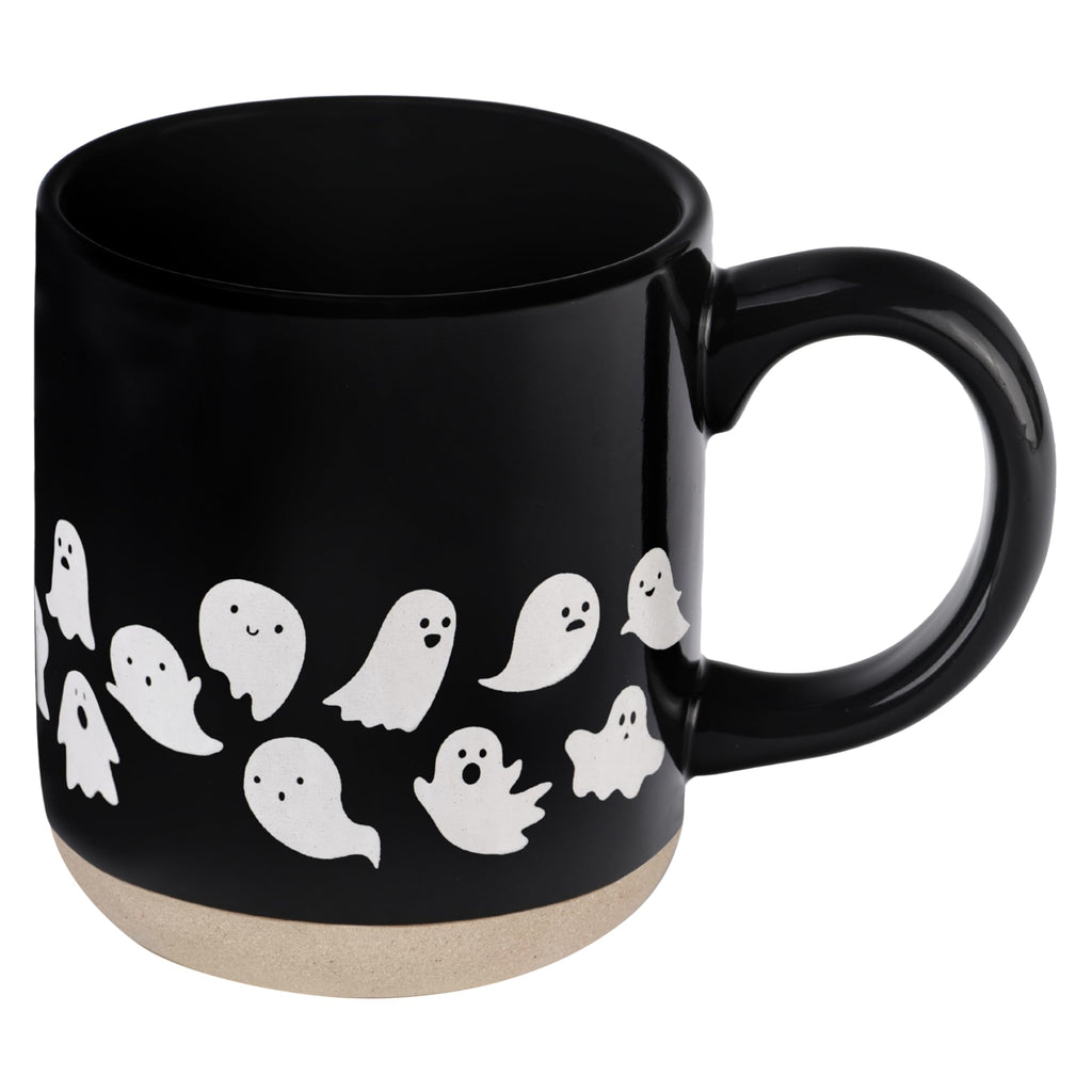 Sweet Water Decor White Ghosts Black Halloween Mugs, 14 oz - Halloween Coffee Mug Dishwasher & Microwave Safe - Fall Mug for Coffee & Hot Cocoa or Seasonal Brew - Black Stoneware Ghost Mugs