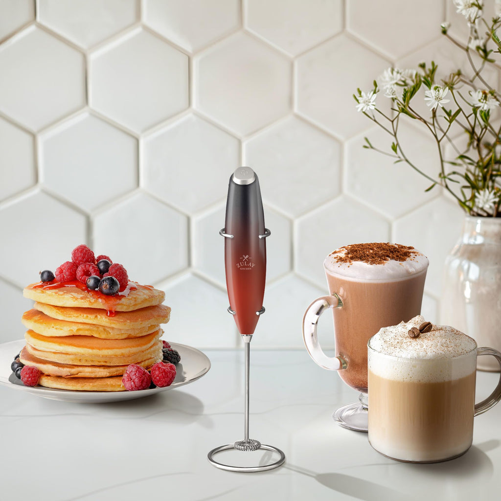 Zulay Kitchen Powerful Milk Frother Wand With Duracell Batteries - Ultra Fast Handheld Drink Mixer - Electric Whisk Foam Maker for Coffee, Lattes, Cappuccino & Matcha - Z1 Motor - Black & Red