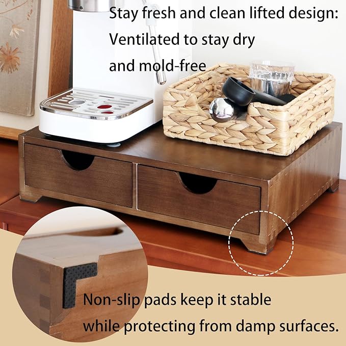 Wooden Coffee Pod Organizer with 4 Anti-Slip Feet, Elevated Coffee Pod Storage Box, Tea & Coffee Capsule Holder, 30 Pod Capacity with Drawer for Moisture Protection