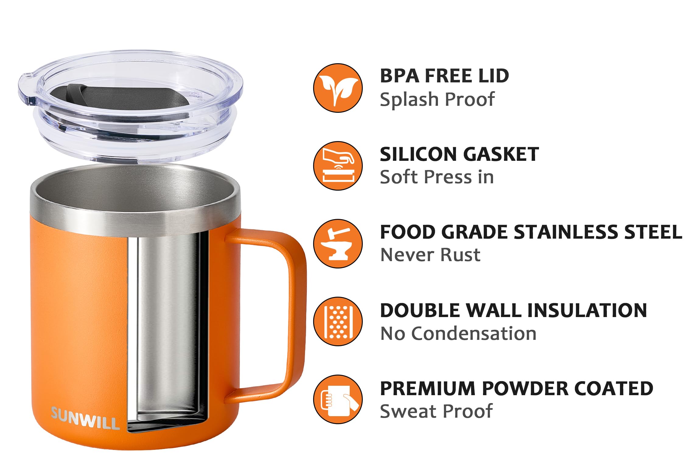 SUNWILL Insulated Coffee Mug with Lid, Travel Tumbler with Handle, 14 oz Stainless Steel Cup for Camping, Office, Home, Powder Coated Orange