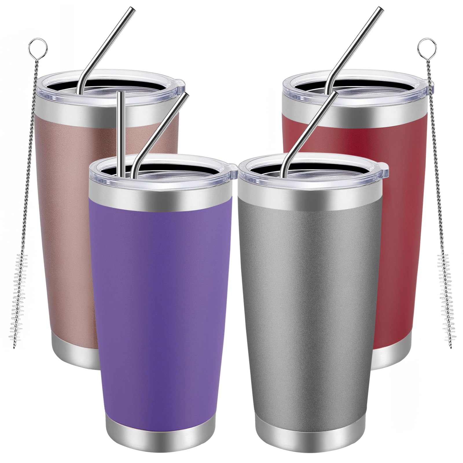 MEWAY 20oz Tumbler 4 Pack Double Wall Vacuum Insulated Travel Mug Bulk, Mix Color Stainless Steel Tumblers with Lid and Straw, Durable Powder Coated Coffee Cups for Cold & Hot Drinks（Color Mix, 4