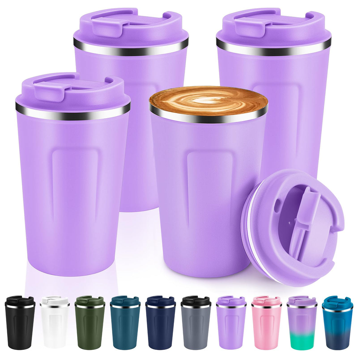 Volhoply 12 oz Double Wall Insulated Vacuum Travel Coffee Mug with Flip Lid Bulk 4 Pack,Reusable Stainless Steel Leak Proof Coffee Cups,Portable Cafe Thermal Tumbler for Hot & Cold Drinks(White,4 Set)