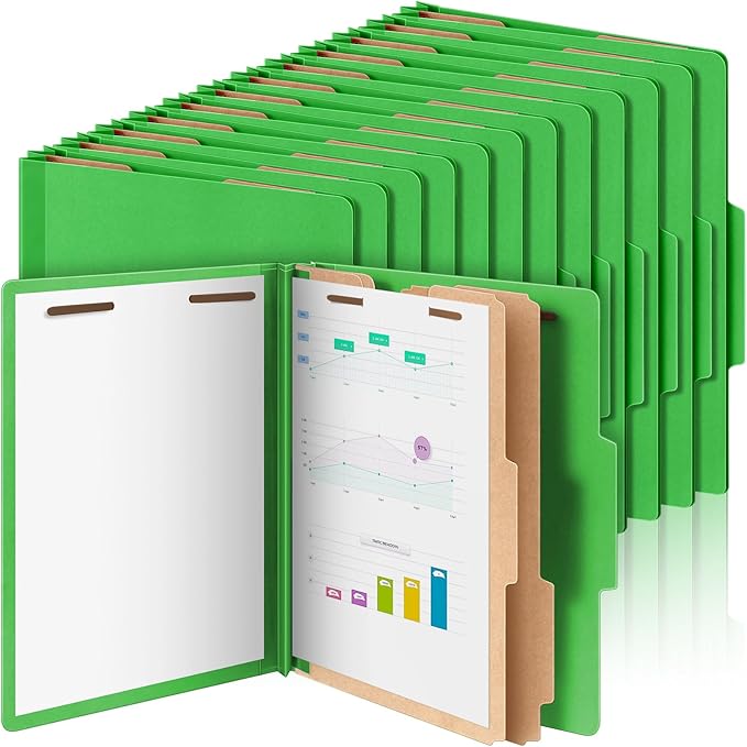 48 Pcs Classification Folders Letter Size, 2 Divider Pressboard File Folders with 3. 5 Inch Expansion, 2 Prongs Fastener, Heavy Duty Office File Organizers for Teachers, Medical (Green)